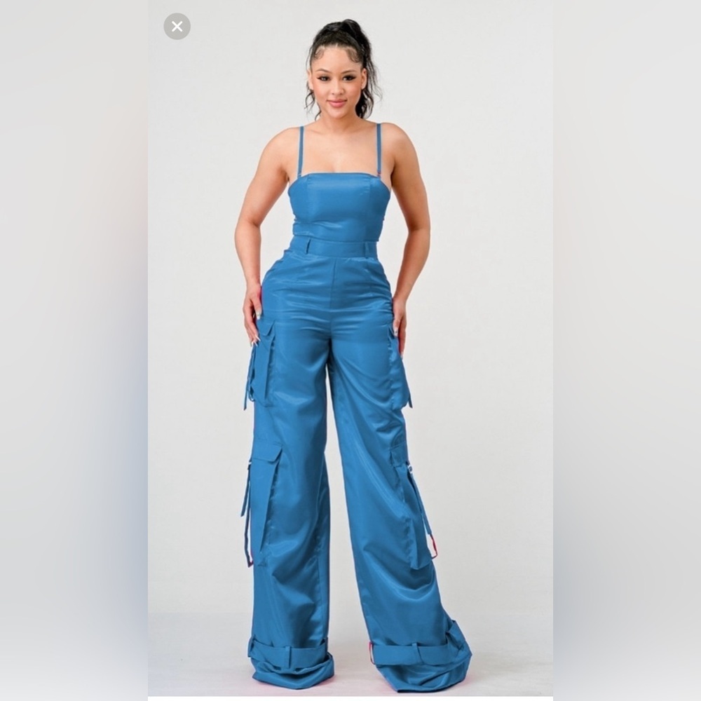 ATHINA. Royal Blue Wide-Leg Jumpsuit with Satin Sheen